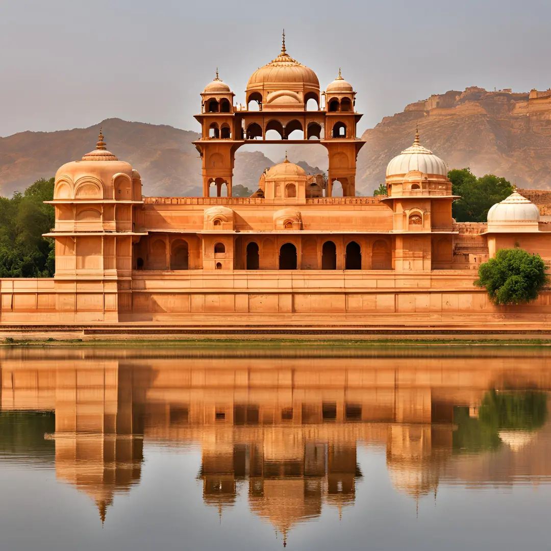 A palace reflected in a lake, Rajasthan