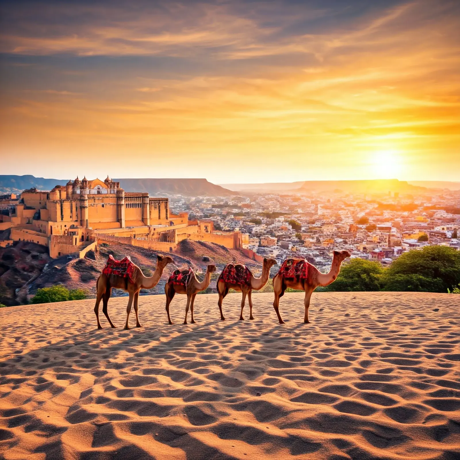 Camels on the dunes below Amber Fort at sunset