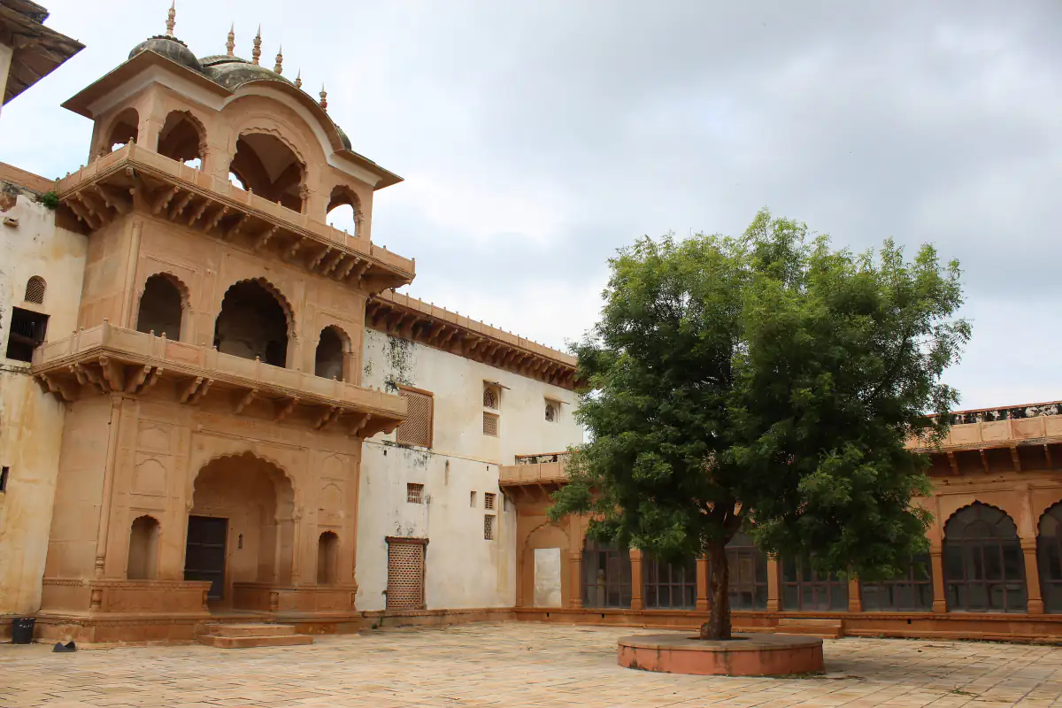 Carved sandstone balconies of Kishori Mahal inside Lohagarh Fort, Bharatpur