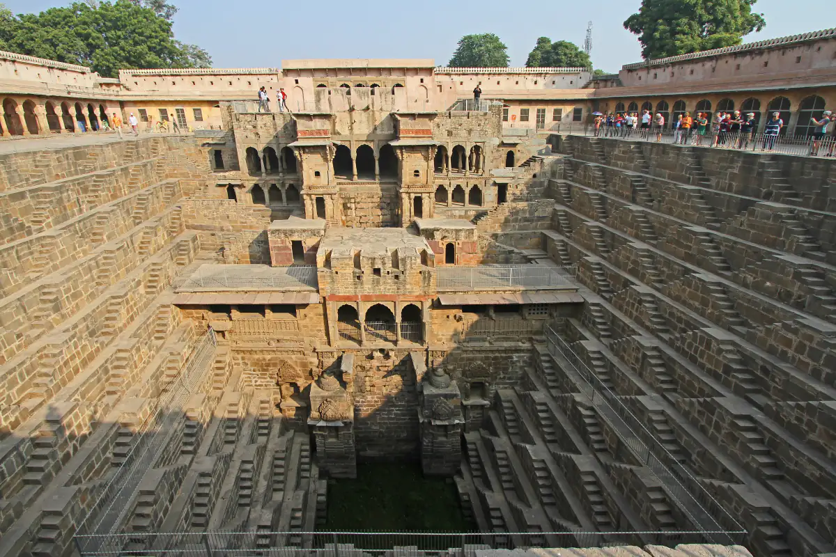 Chand Baori stepwell in Abhaneri with its terraced steps and pavilion