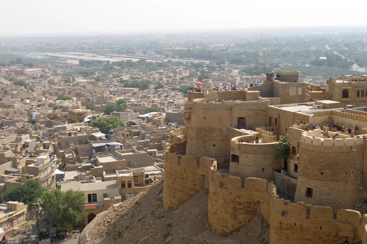 Golden sandstone bastions of Jaisalmer Fort above the old town