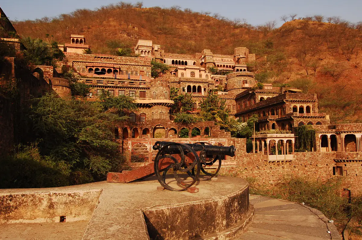 Neemrana Fort Palace terraces stepping down the Aravalli hillside on the Jaipur-Delhi highway