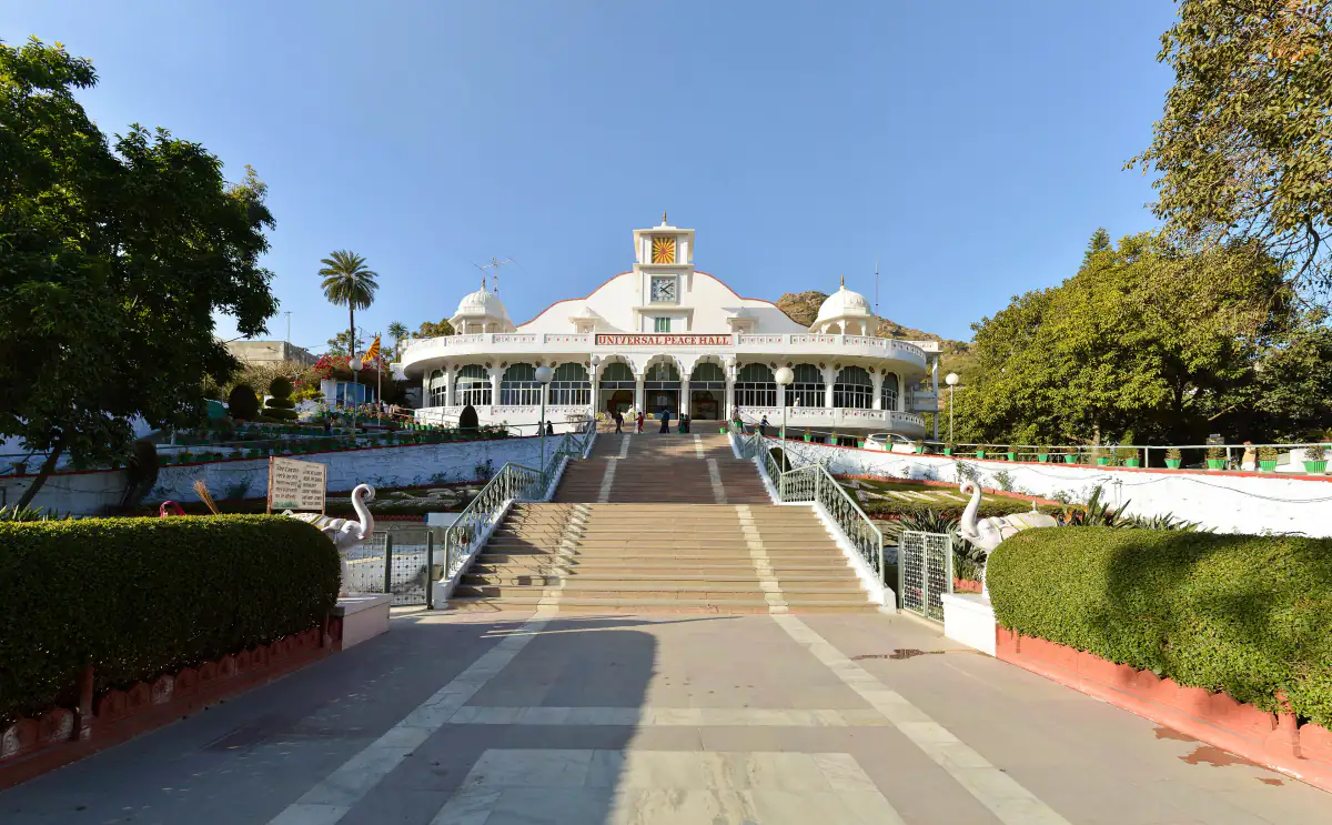 Om Shanti Bhawan, the Brahma Kumaris Universal Peace Hall in Mount Abu, with its stepped approach and gardens