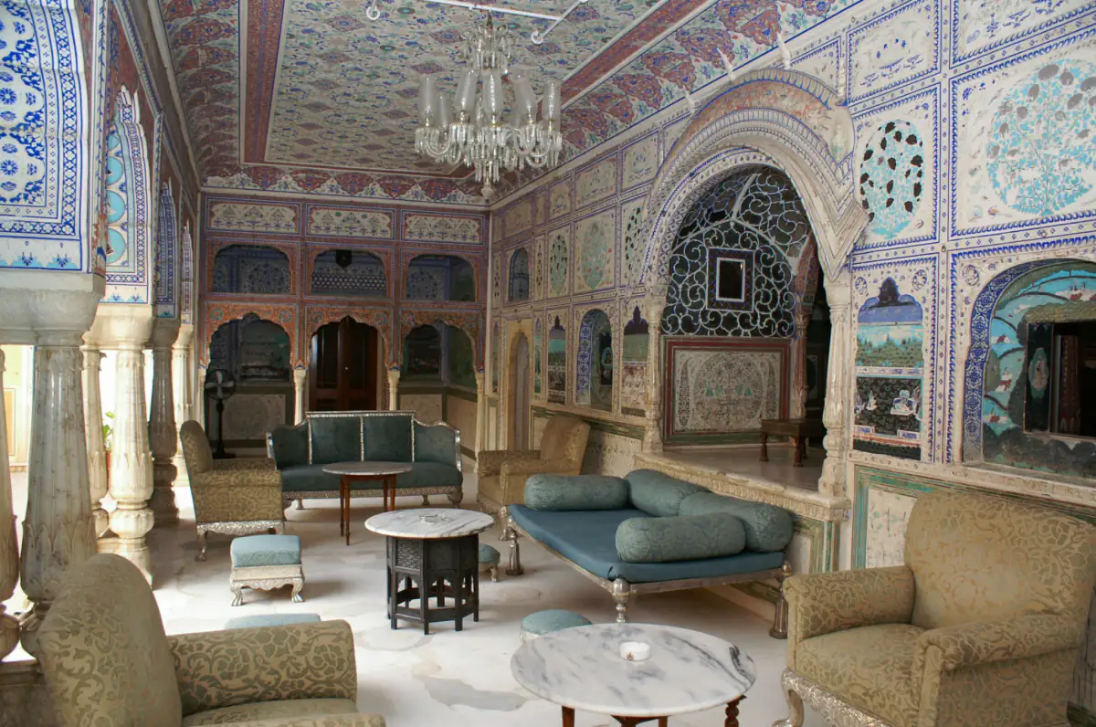 Painted and mirrored lounge inside Samode Palace