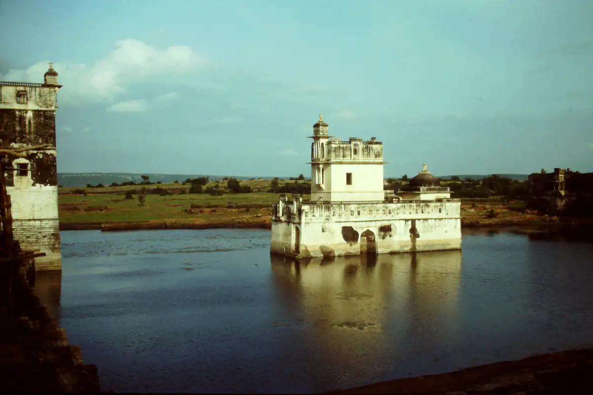 Rani Padmini's white water palace standing in its pool at Chittorgarh Fort