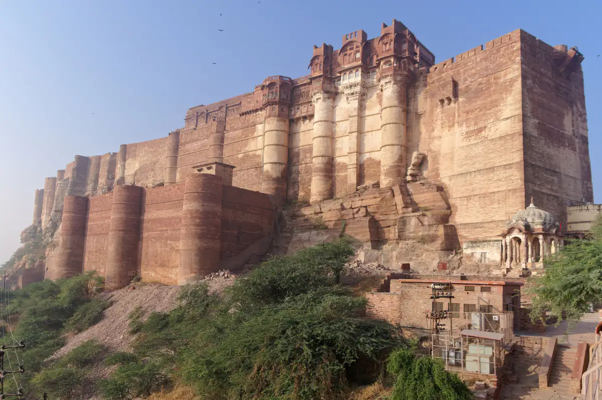 Towering walls of Mehrangarh Fort on its rock in Jodhpur