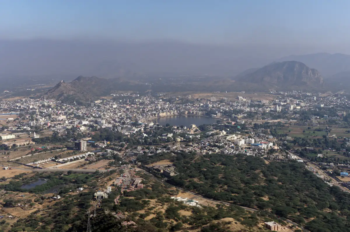 View over Pushkar town and lake from the hilltop Savitri Mata Temple